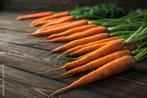 Fresh Orange Carrots with Green Tops on Dark Wooden Tabletop Surface Keywords