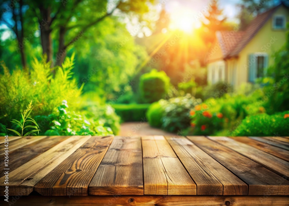Rustic wooden table, empty, sits against a blurred green garden; a vintage house softly blurs in the background. Rustic wooden table, empty, sits against a blurred green garden; a vintage house softly blurs in the background.