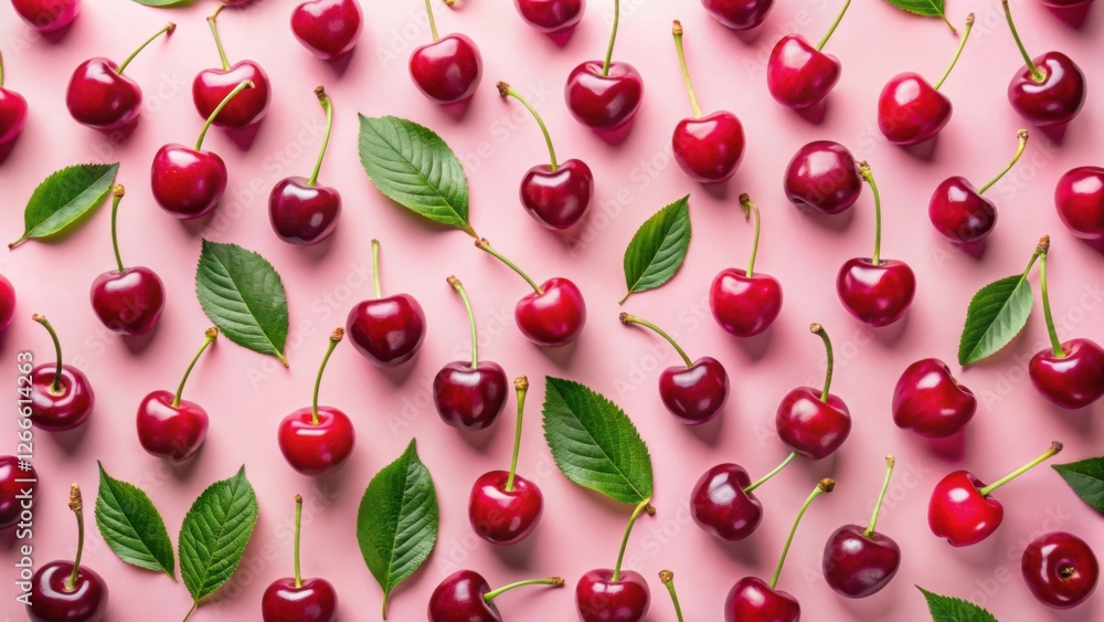 A vibrant arrangement of ripe cherries and lush green leaves, meticulously placed on a delicate pink background, creates a delightful and appetizing pattern. A vibrant arrangement of ripe cherries and lush green leaves, meticulously placed on a delicate pink background, creates a delightful and appetizing pattern.