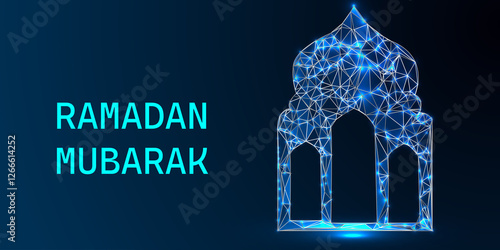 Ramadan Mubarak Low Poly Background – Futuristic Islamic Eid Design with Glowing Crescent Moon, Wireframe Hand, Blue Night Sky, and Sparkling Stars