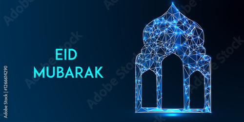 Eid Mubarak Low Poly Background – Futuristic Islamic Design Featuring Glowing Crescent Moon, Wireframe Hand, Blue Night Sky, and Sparkling Digital Lights