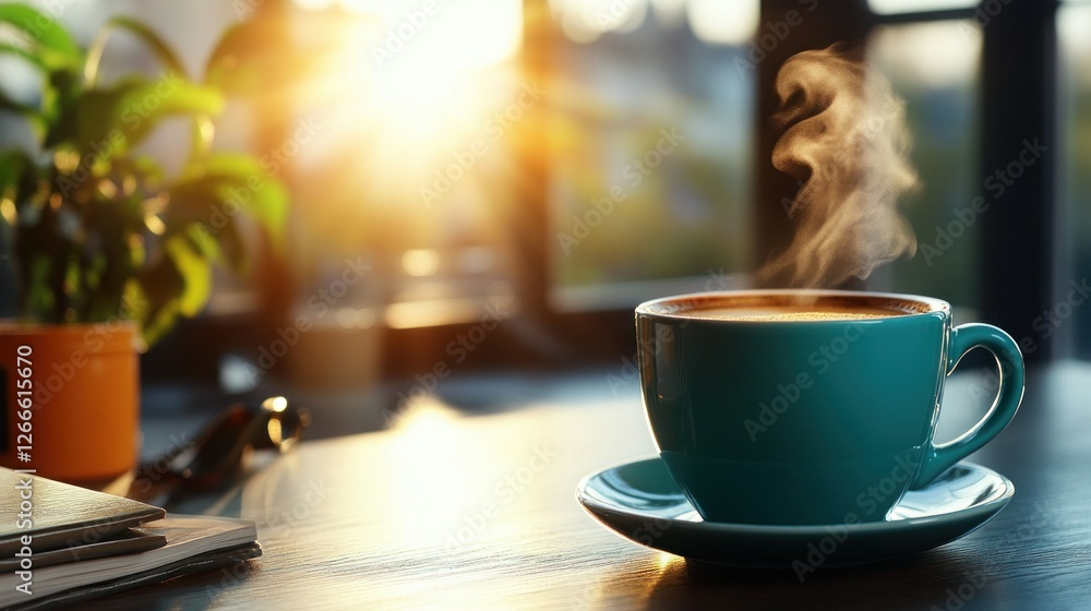 Morning coffee in cafe with sunrise view Morning coffee in cafe with sunrise view