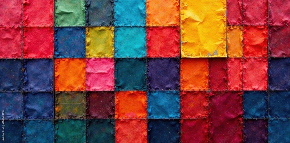 Bold hues in a chaotic yet balanced arrangement of sewn squares , textile, surface Bold hues in a chaotic yet balanced arrangement of sewn squares , textile, surface