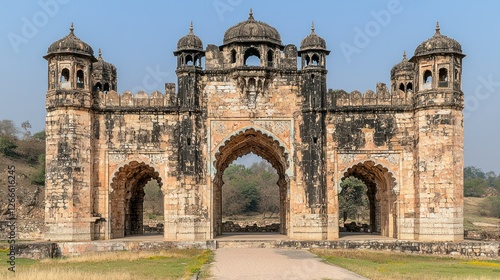 Ancient stone gate entrance, historical architecture, pathway, clear sky, potential tourism use photo