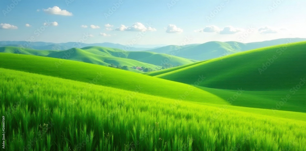 Deep green grassy field, rolling hills visible in distance , horizon, countryside, backdrop