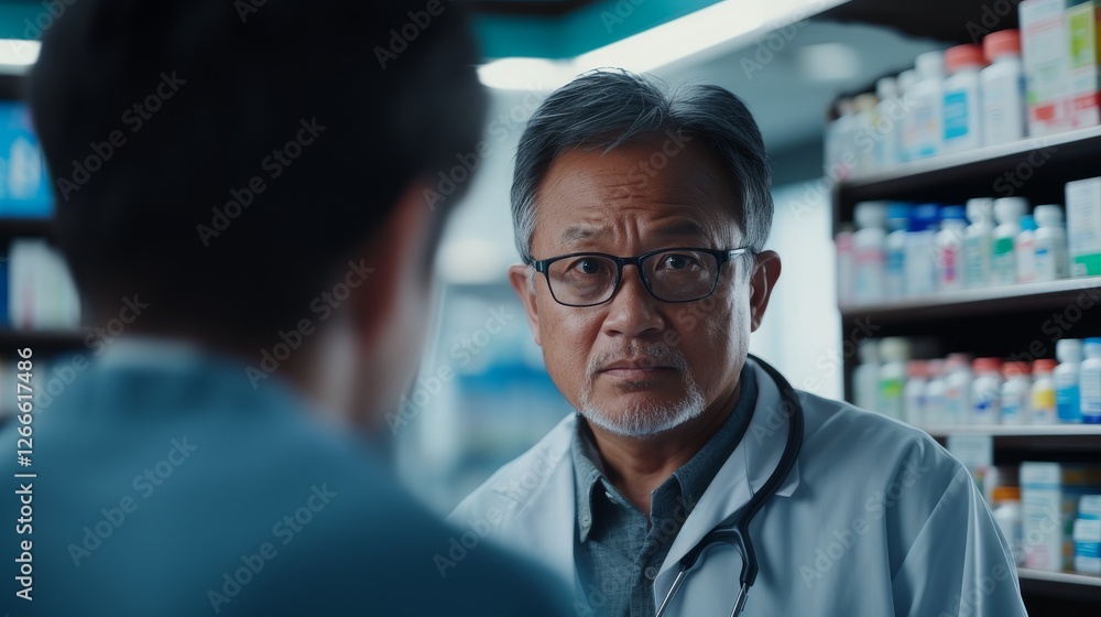 Fototapeta premium A friendly Japanese pharmacist assisting an elderly customer with their medication in a cozy pharmacy corner