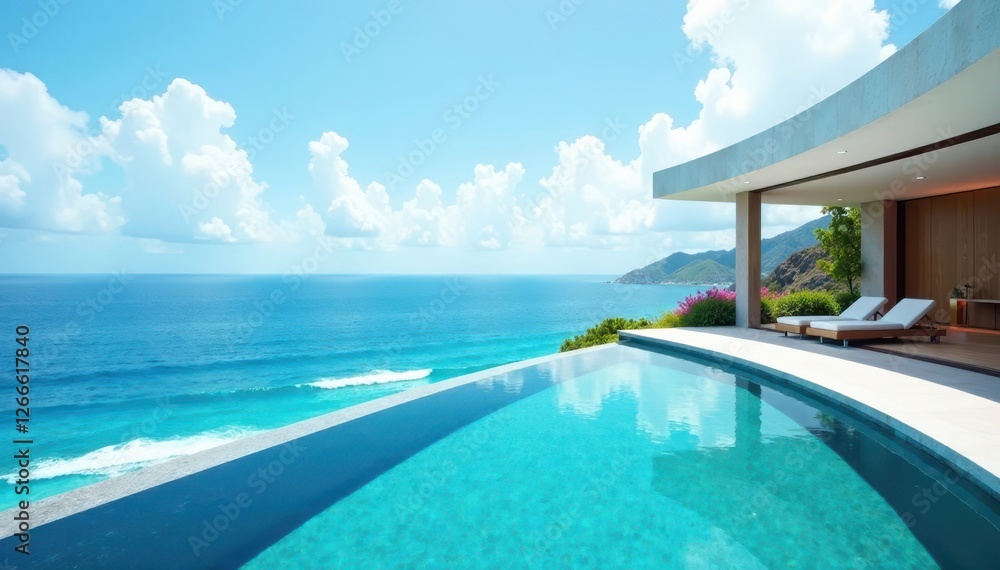 Fototapeta premium Expansive ocean view, infinity pool, modern architecture, seascape, ocean view, cliff