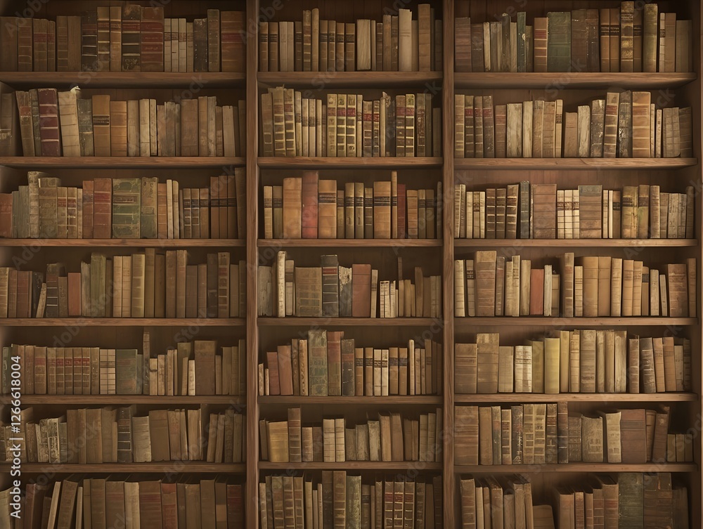 A full-frame view of a bookshelf with neatly lined old books A full-frame view of a bookshelf with neatly lined old books