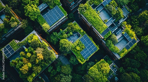 Aerial View of Green Rooftops with Solar Panels in Urban Environment