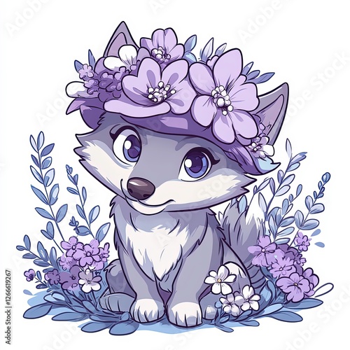 Cute cartoon wolf sits among colorful flowers in a whimsical garden photo