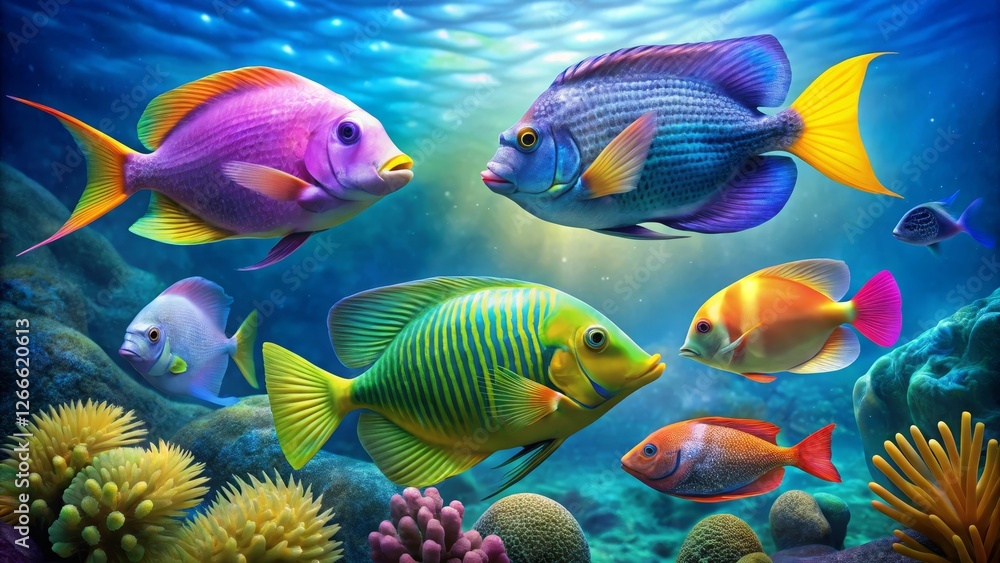 Vibrant Reef Inhabitants A Colorful Underwater Scene Featuring Diverse Tropical Fish Species Swimming Amongst Lush Coral and Anemone Vibrant Reef Inhabitants A Colorful Underwater Scene Featuring Diverse Tropical Fish Species Swimming Amongst Lush Coral and Anemone