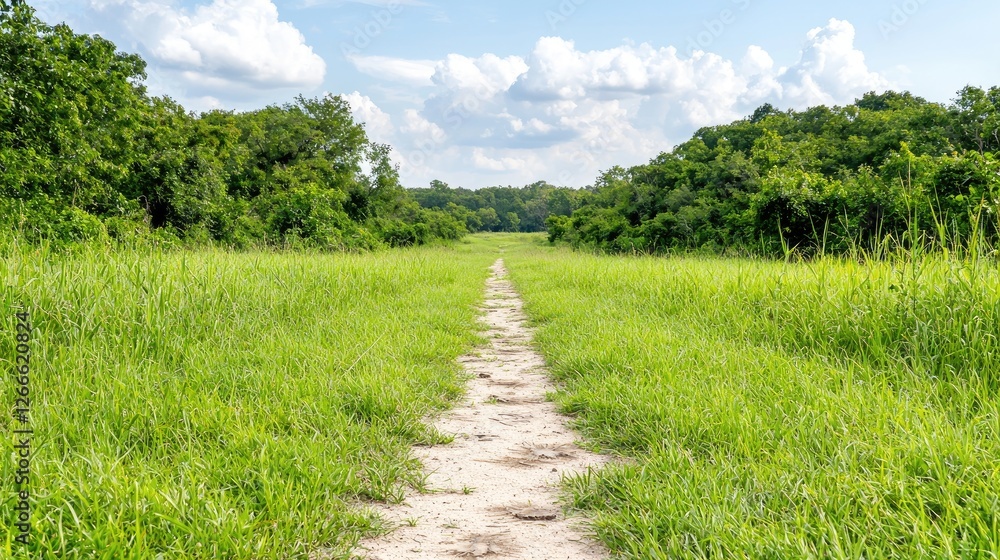 Obraz premium Grassy path, nature trail, summer day, peaceful scene, background trees