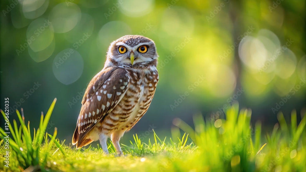Burrowing owl perched on a patch of tall, green grass in a sunny meadow with blurred trees in the background Burrowing owl perched on a patch of tall, green grass in a sunny meadow with blurred trees in the background