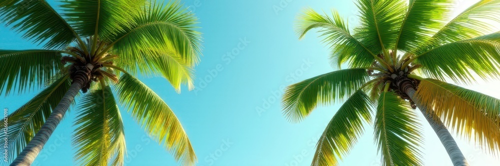Fototapeta premium Vibrant green palms sway gently in a tropical breeze , tropical paradise, coast