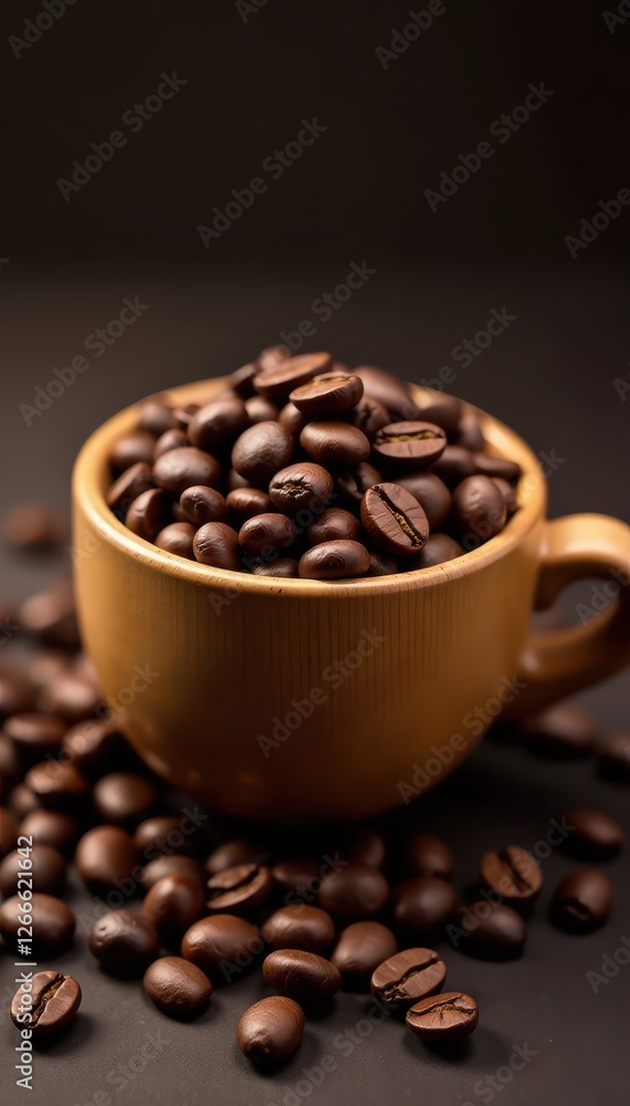 Fototapeta premium Wooden cup overflowing with dark roasted coffee beans , cafe, image, product