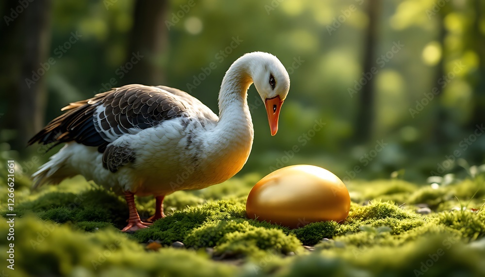 Obraz premium Goose Staring at Golden Egg in Mossy Forest, Concept of Wealth