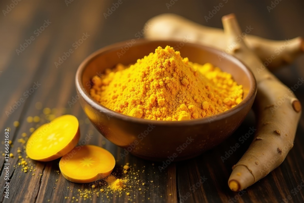 A bowl of bright yellow turmeric powder & fresh turmeric root slices , root, healthy A bowl of bright yellow turmeric powder & fresh turmeric root slices , root, healthy