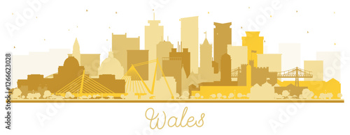 Wales City Skyline Silhouette with golden Buildings Isolated on White. Concept with Historic Architecture. Wales Cityscape with Landmarks. Cardiff. Swansea. Newport.
