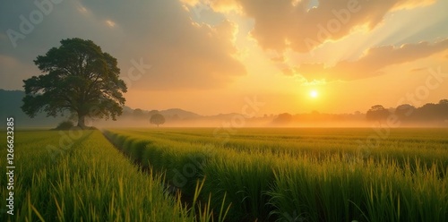 Sawah di pagi hari dengan sinar matahari yang cerah, benar, cerah photo