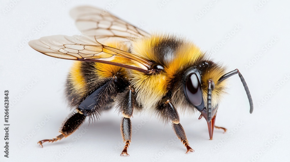 Close-up of bumblebee, white background, insect study Close-up of bumblebee, white background, insect study
