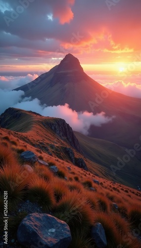 Misty dawn rises over Ben More's rugged summit, Scottish Highlands, misty dawn, landscape photo