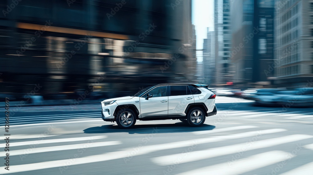 Modern SUV in Motion through City Streets Modern SUV in Motion through City Streets