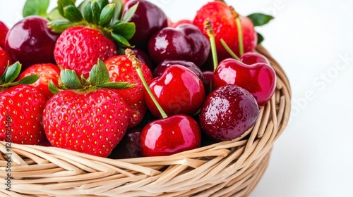 Abundance of Fresh Strawberries and Cherries in Woven Basket on White Tabletop