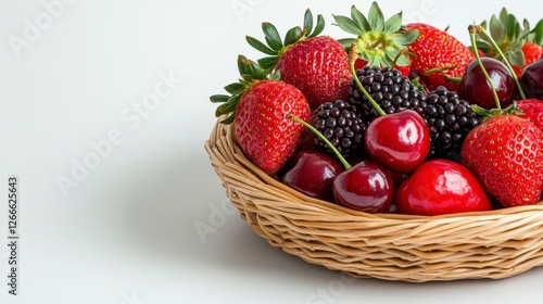 Assorted Fresh Fruits in Woven Basket with Strawberries Cherries Blackberries on White Background