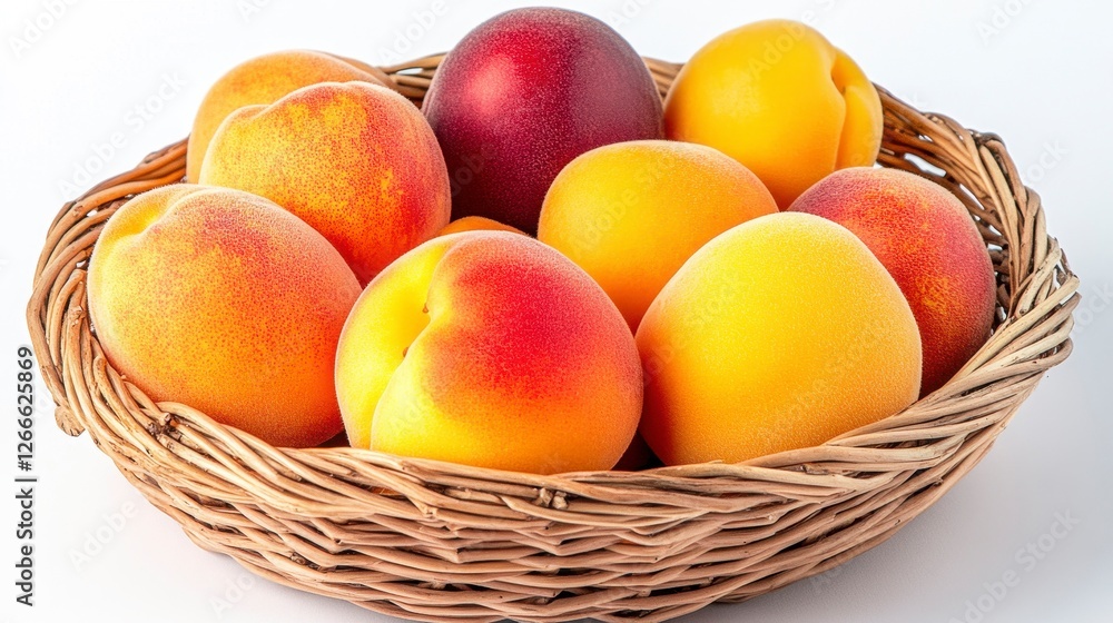 Basket of Fresh Peaches Apricots and Nectarines on a White Background in Studio Lighting Basket of Fresh Peaches Apricots and Nectarines on a White Background in Studio Lighting
