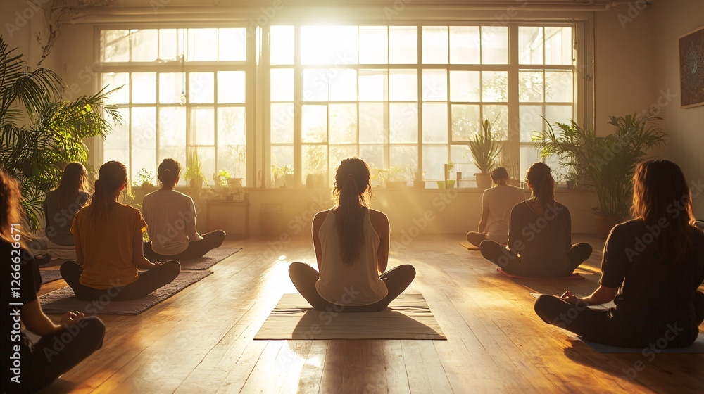 Serenity in Morning Yoga Class with Natural Light and Peaceful Atmosphere Serenity in Morning Yoga Class with Natural Light and Peaceful Atmosphere
