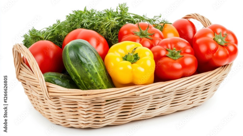 Elegant Wicker Basket Filled with Fresh Red Tomatoes Yellow Peppers and Green Cucumbers on White Elegant Wicker Basket Filled with Fresh Red Tomatoes Yellow Peppers and Green Cucumbers on White