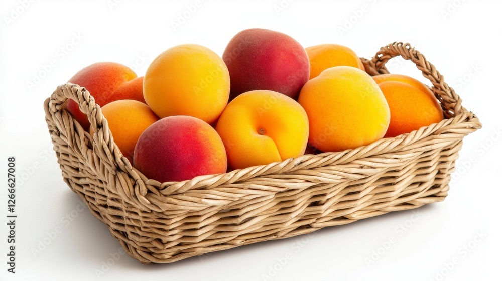 Fresh Peaches Apricots and Nectarines in Wicker Basket with Natural Light on White Fresh Peaches Apricots and Nectarines in Wicker Basket with Natural Light on White