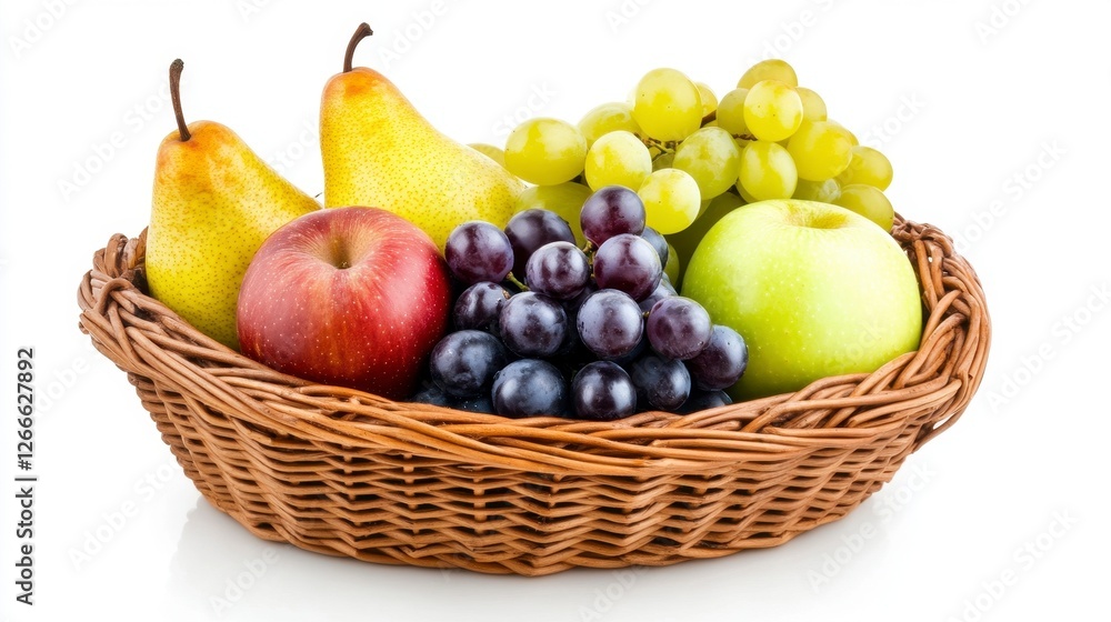 Still Life of Apples Pears and Grapes in Woven Basket Isolated on White Still Life of Apples Pears and Grapes in Woven Basket Isolated on White