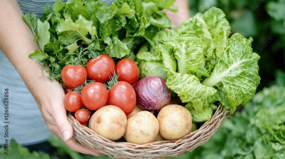 Fototapeta premium Person holding basket of fresh vegetables in garden