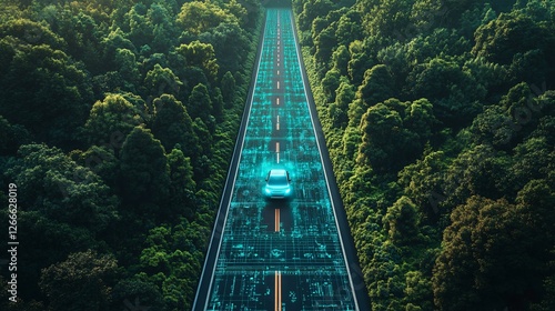 Futuristic Car on Digital Road Surrounded by Lush Green Forest