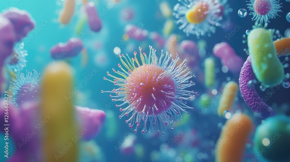 3D render of colorful bacteria and touches on a blue background, close-up, high-resolution photography. 3D render of colorful bacteria and touches on a blue background, close-up, high-resolution photography.