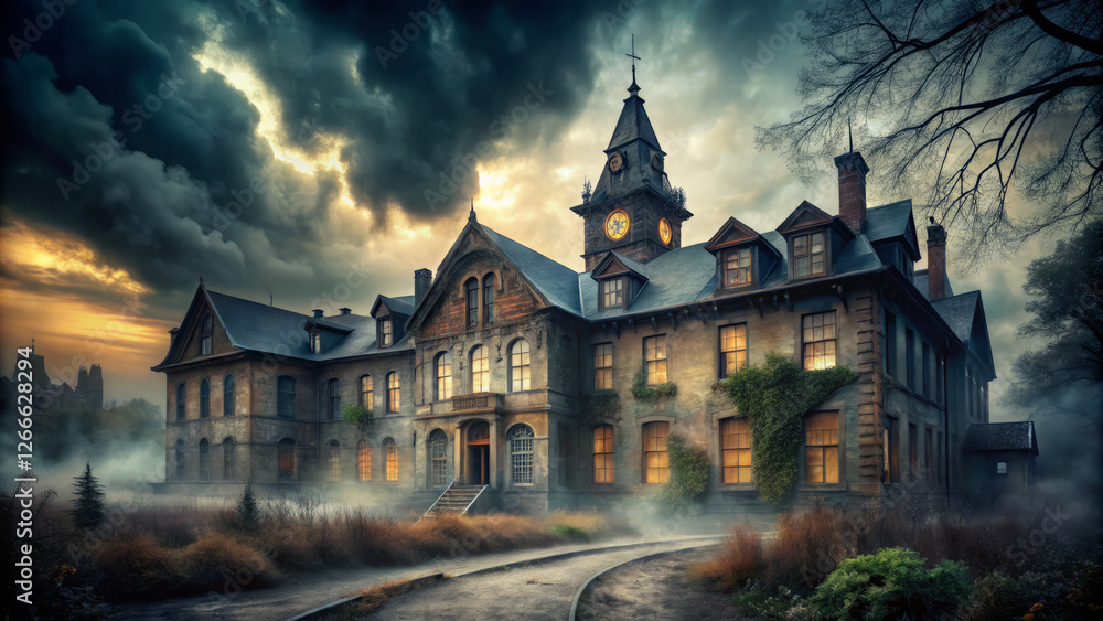 Mysterious fog envelops dimly lit abandoned asylum, creating eerie atmosphere Mysterious fog envelops dimly lit abandoned asylum, creating eerie atmosphere