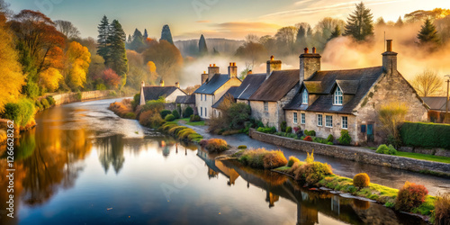 picturesque village by river, showcasing autumn colors and misty scenery photo