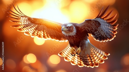 Majestic hawk in flight at sunset, golden bokeh background photo