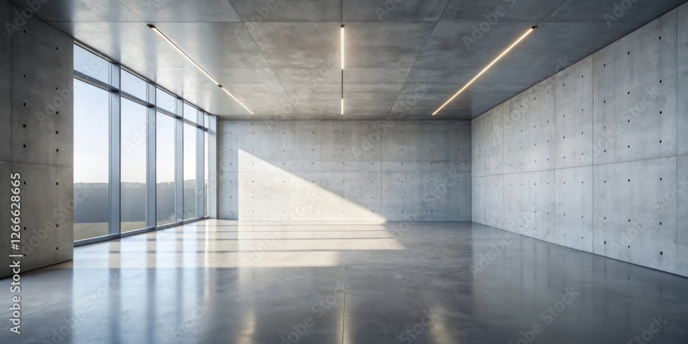 Vast Empty Modern Room with Large Windows and Concrete Walls Illuminated by Linear Lighting Vast Empty Modern Room with Large Windows and Concrete Walls Illuminated by Linear Lighting