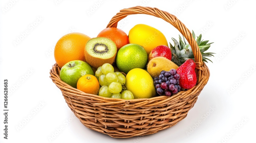 Wicker Fruit Basket Filled with Variety of Fresh Colorful Exotic Fruits Isolated Wicker Fruit Basket Filled with Variety of Fresh Colorful Exotic Fruits Isolated