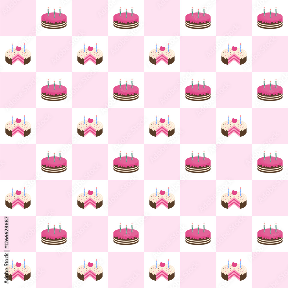 Cake with hearts and candles repeat pattern.Birthday cake seamless pattern.Vector graphic illustration. Cake with hearts and candles repeat pattern.Birthday cake seamless pattern.Vector graphic illustration.