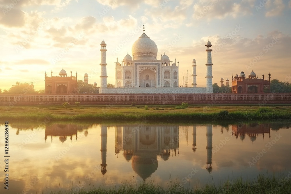 Obraz premium Sunrise Taj Mahal reflection, Agra, India, tourism