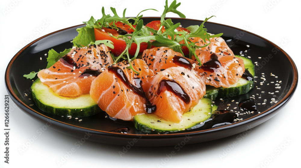 Delicious salmon sashimi served on black plate with cucumber, arugula, and cherry tomatoes, garnished with sesame seeds and sauce Delicious salmon sashimi served on black plate with cucumber, arugula, and cherry tomatoes, garnished with sesame seeds and sauce