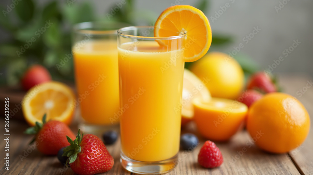 glass of fresh orange juice with fresh fruits glass of fresh orange juice with fresh fruits