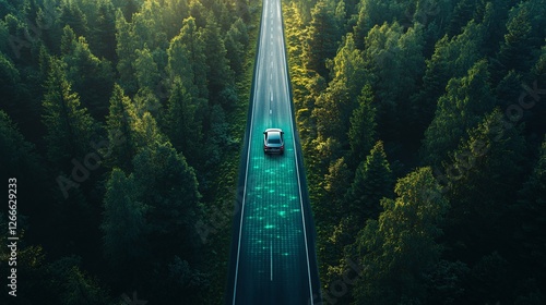 Aerial View of Smart Vehicle on Technology Road Surrounded by Trees