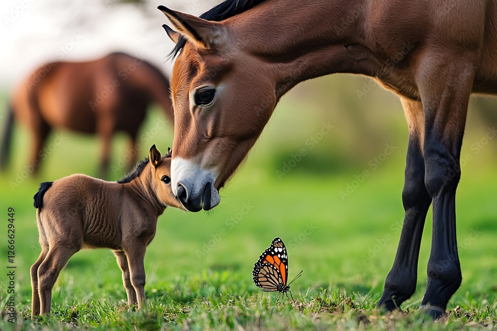 Obraz premium An enchanting view capturing a foal curiously inspecting a butterfly as it flutters nearby, with his mother grazing peacefully in the backdrop.