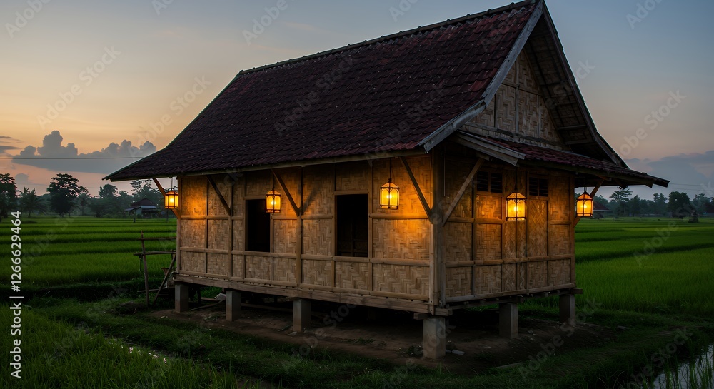 Traditional Bamboo House Lit at Dusk in Rice Field Landscape Traditional Bamboo House Lit at Dusk in Rice Field Landscape