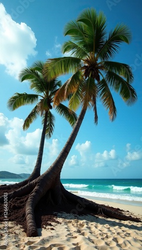 Palm trees broken and uprooted by strong tropical winds, snapped, palm tree, force photo