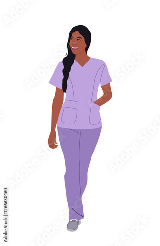 Female doctor, nurse character walking full length. Young confident healthcare professional wearing purple lilac medical uniform. Pretty black woman. Vector realistic illustration isolated on white.